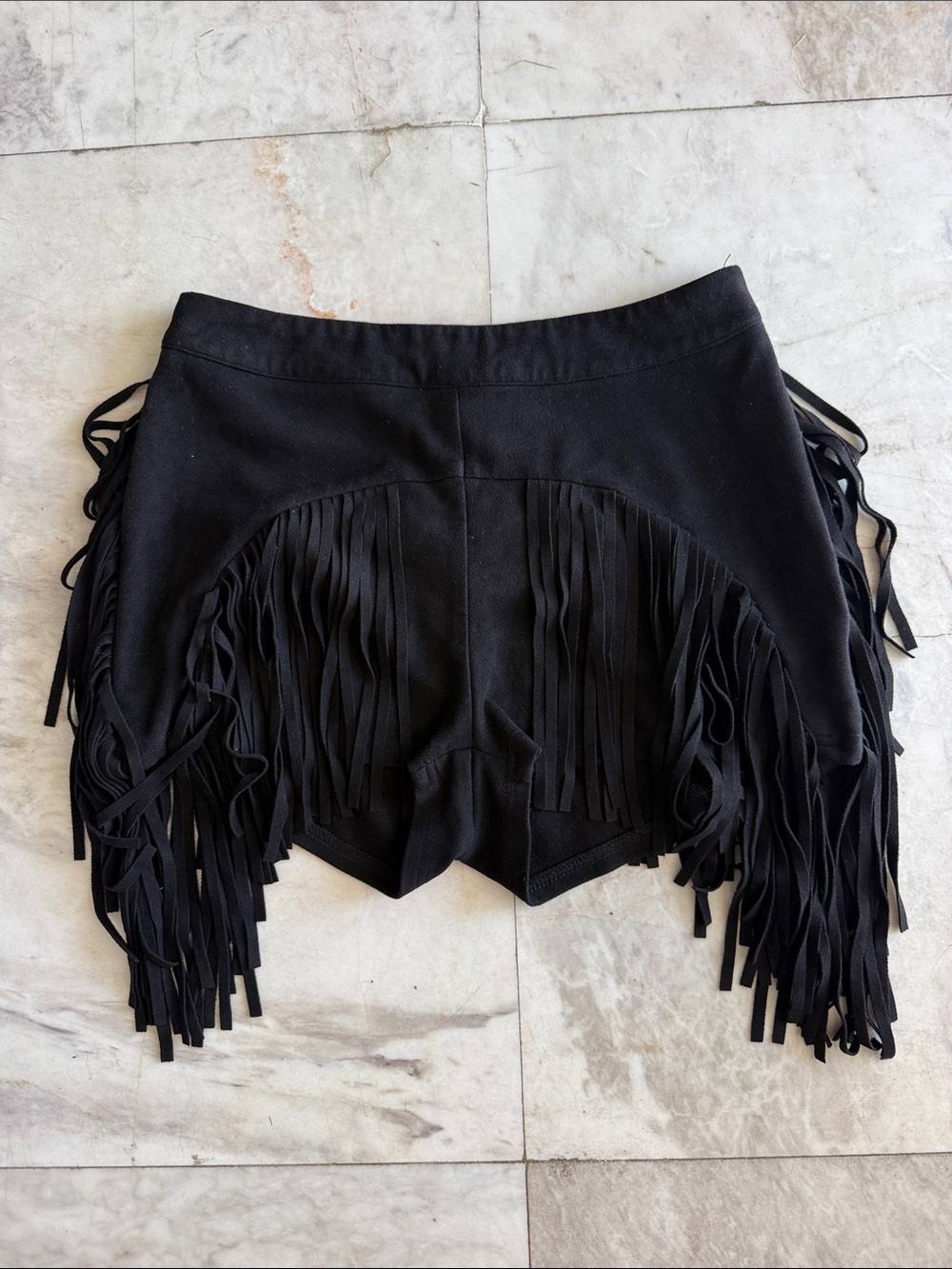 IheartRaves black suede fringe shorts